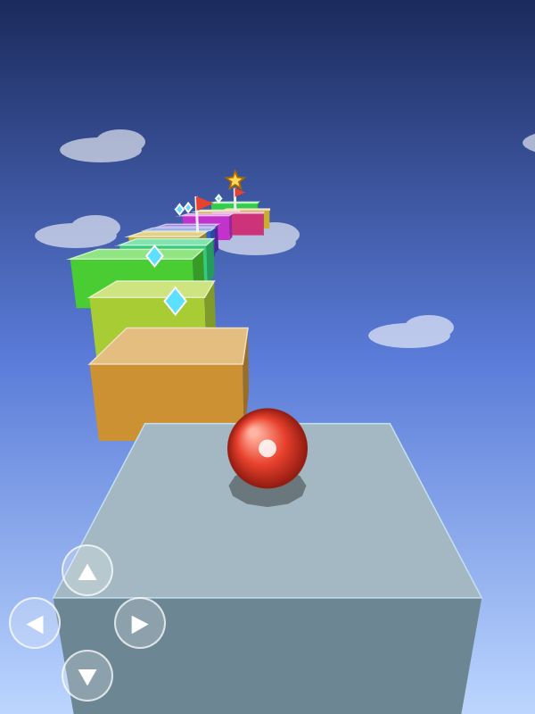 Shiny red ball on a grey block, in front of a path of colorful blocks rising toward a golden star in the sky