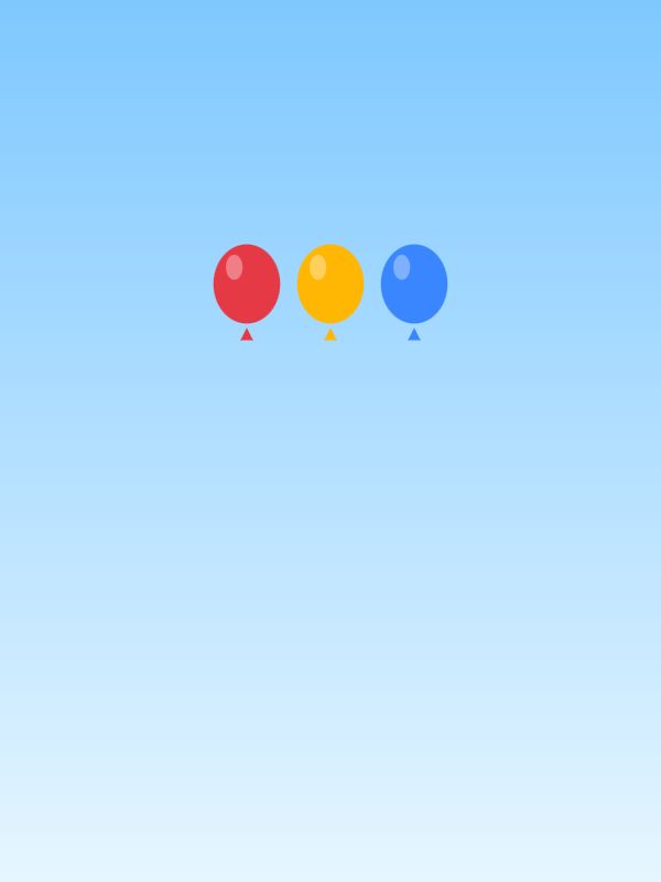 Tres globos rojo, amarillo y azul flotando uno al lado del otro en un cielo azul claro que palidece hacia abajo