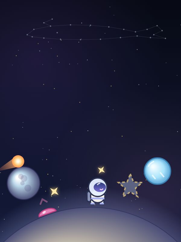 Eine kleine Astronautin hüpft auf einem großen Mond, neben rosa Wackelpudding, einem erloschenen Stern und einem Sternbild