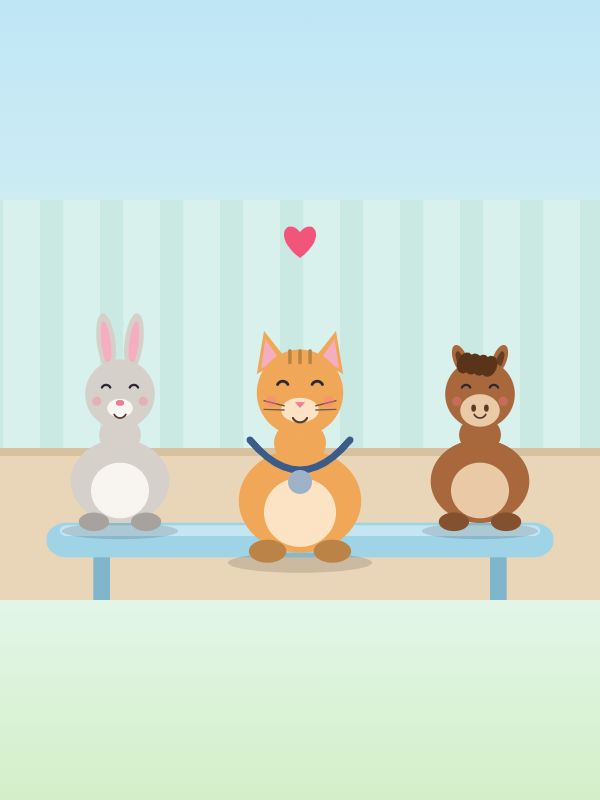 An orange kitten with a stethoscope between a gray rabbit and a brown foal, sitting on a blue exam table