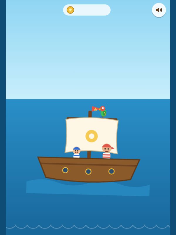 Barco pirata de madera en el mar azul, con dos piratas sonrientes con pañuelo y un loro verde y rojo en lo alto del mástil