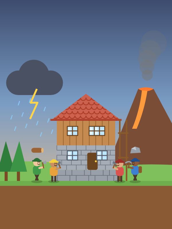 Stone and wood house with a red tiled roof, villagers at work, a storm cloud and a smoking volcano