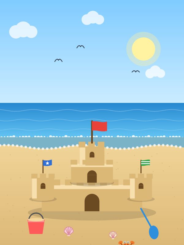 Sandburg mit roter, blauer und grüner Fahne am Meer, dazu ein roter Eimer, eine blaue Schaufel, Muscheln und eine Krabbe