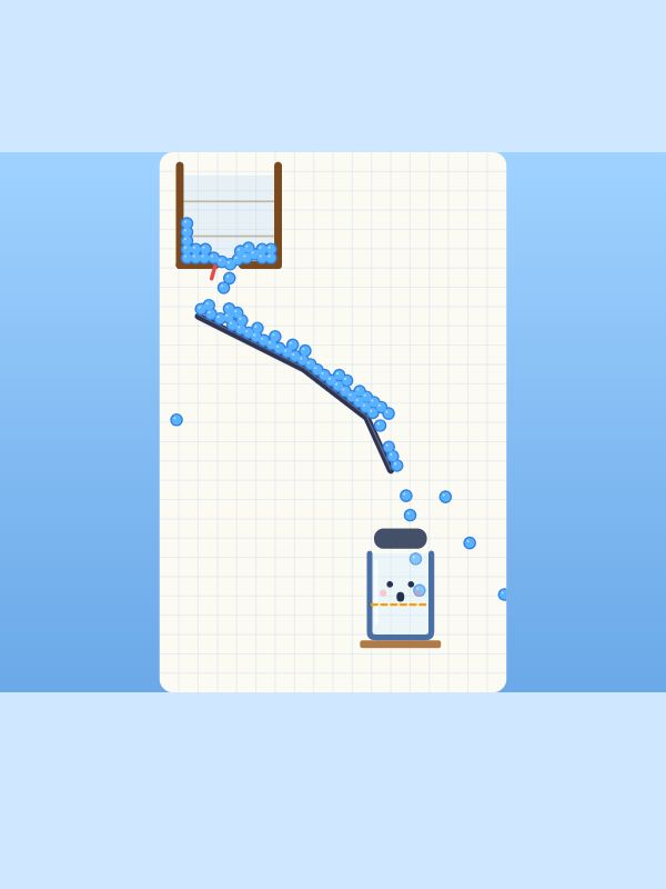 Blue drops sliding from a wooden tank down a dark line toward a surprised glass with a face, on grid paper