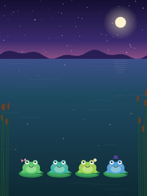 Four smiling frogs on lily pads under a full moon, one wearing a pink bow and another a top hat