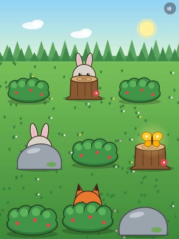 Two rabbits and a fox peek out from a tree stump, a rock and a bush, while a golden butterfly glows in the sunny meadow