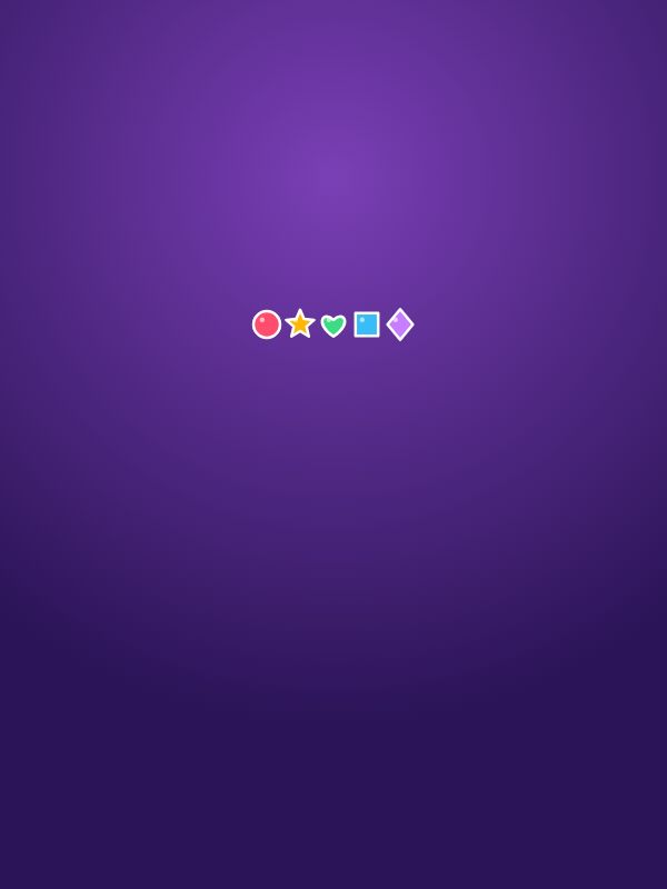 Cinco cuentas en fila sobre fondo morado: círculo rojo, estrella amarilla, corazón verde, cuadrado azul y rombo lila