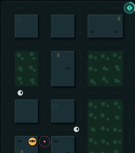 Night city seen from above, orange masked hero, two white trackers, green parks and a turquoise alert