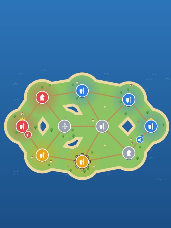 Grüne Insel, aufgeteilt in blaue, rote, goldene und graue Regionen, mit gekrönten Burgen und einer Festung