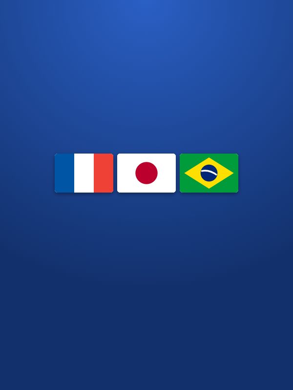 The flags of France, Japan and Brazil side by side on a dark blue gradient background