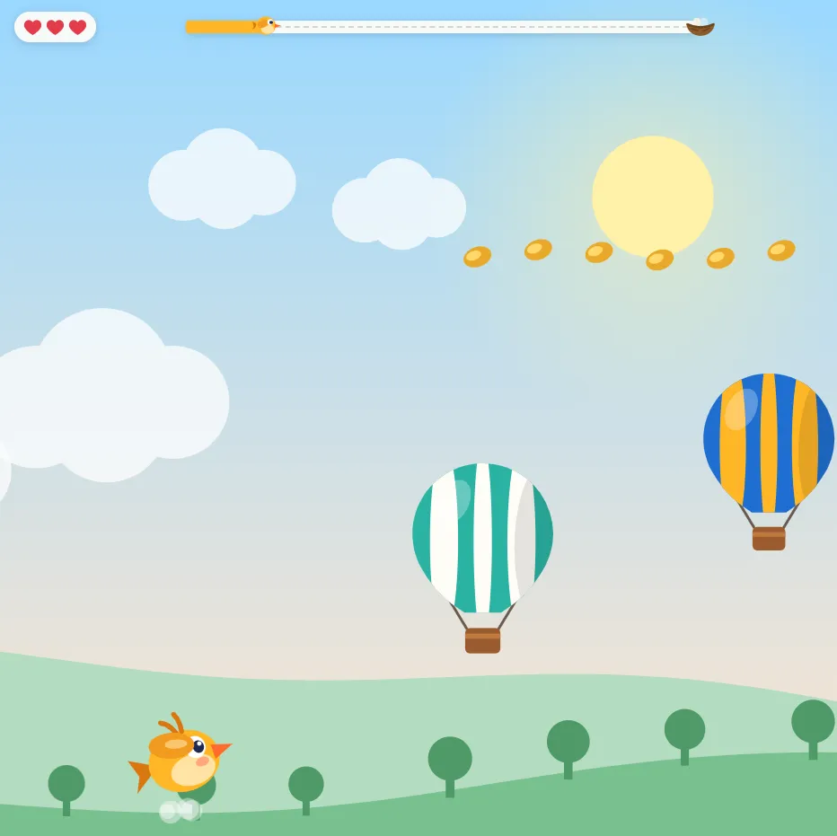 Little orange bird flying low over green hills, below two striped hot-air balloons and a line of golden seeds