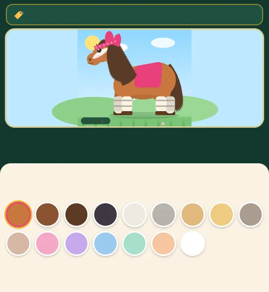 Fuchsfarbenes Pony mit brauner Mähne, rosa Ohrenhaube und Schabracke, cremefarbenen Gamaschen, auf der Wiese über Farbpunkten