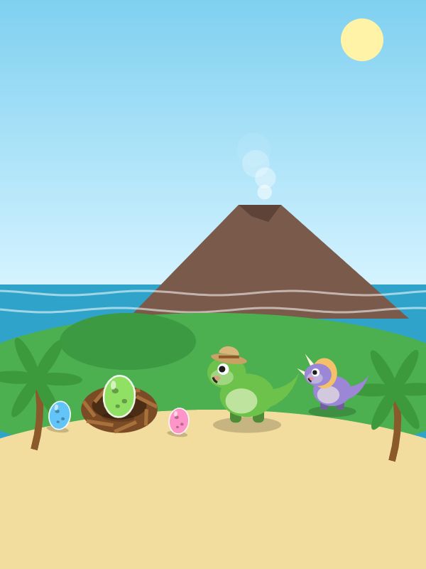 Kleiner grüner Dino mit Entdeckerhut und lila Triceratops am Strand, neben einem Nest, bunten Eiern und einem Vulkan