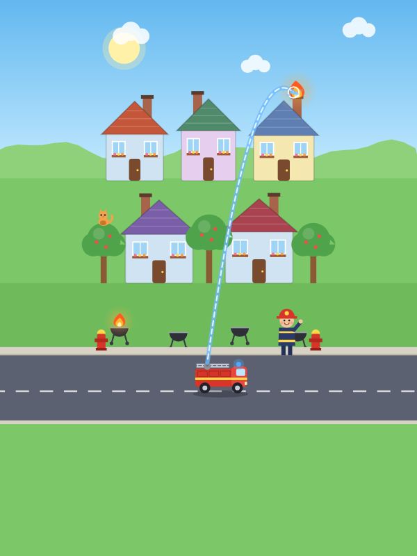 A fire truck sprays a chimney on fire in a village, with a cat in a tree and a little firefighter waving