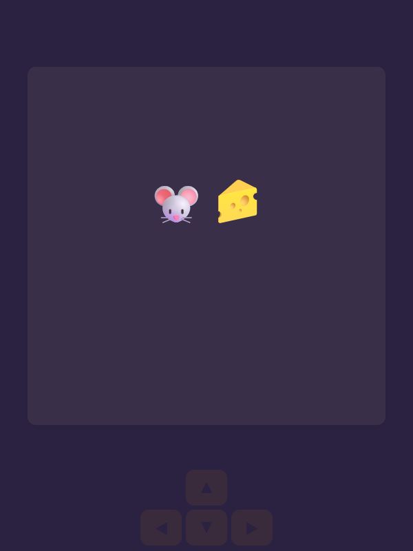 Une souris grise aux oreilles roses près d'un morceau de fromage jaune, sur fond violet, au-dessus de quatre boutons fléchés