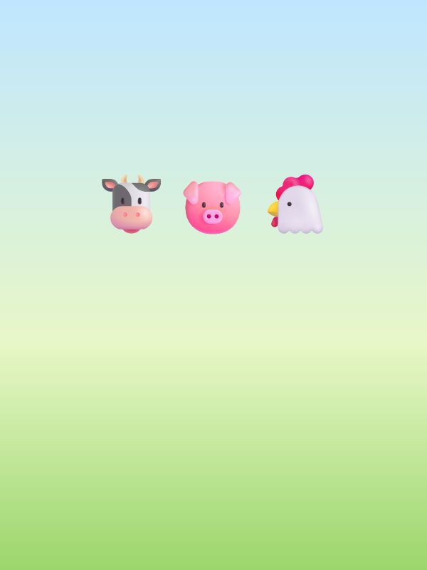 Cabeças de uma vaca, um porco rosa e uma galinha branca em fila sobre um fundo que passa do azul-claro ao verde