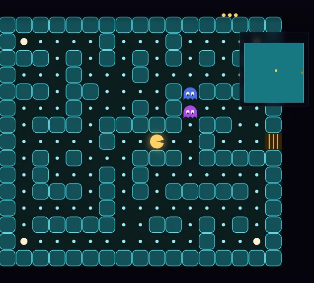 A yellow muncher in a turquoise maze, chased by a blue ghost and a purple ghost, near a golden barred door