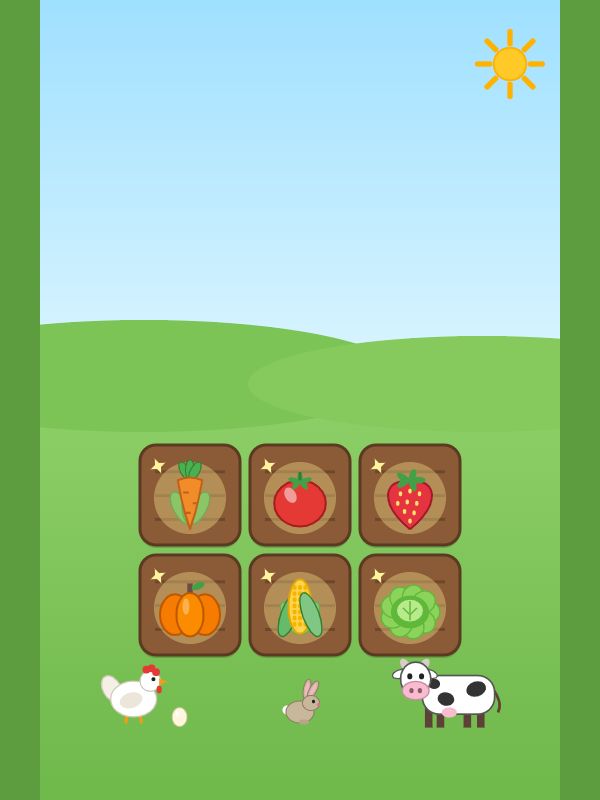 Carrot, tomato, strawberry, pumpkin, corn and lettuce in six wooden plots, with a hen, a bunny and a cow in the sun
