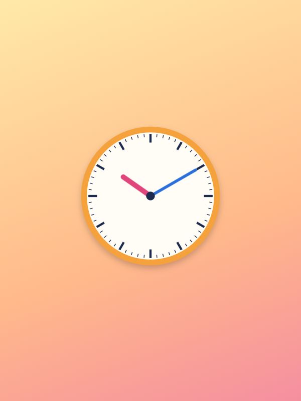 Clock with an orange rim showing ten past ten, a pink hand and a blue hand, on a yellow and pink background