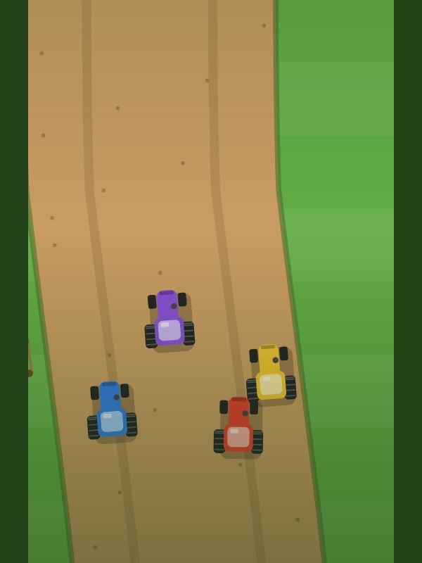 Cuatro tractores rojo, amarillo, azul y morado vistos desde arriba en un camino de tierra con curvas entre dos prados