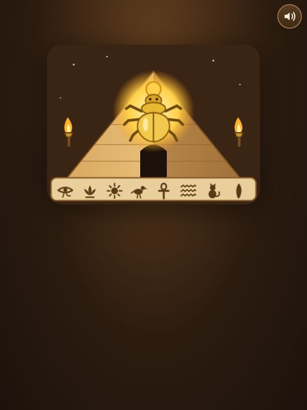 A golden scarab glows in front of a pyramid, between two torches, above a row of hieroglyphs