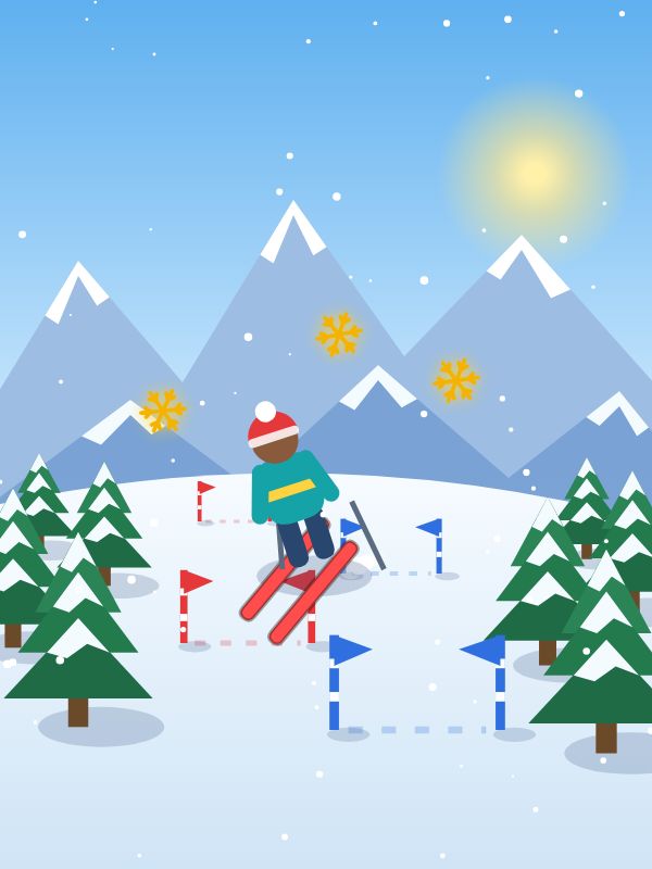 Skier in a red hat jumping between red and blue gates, with golden snowflakes, snowy pine trees and mountains