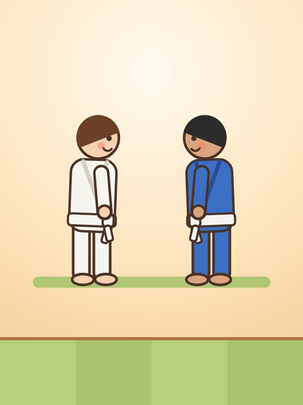 Two smiling young judokas face to face, one in a white kimono, the other in blue, standing on a strip of green mat