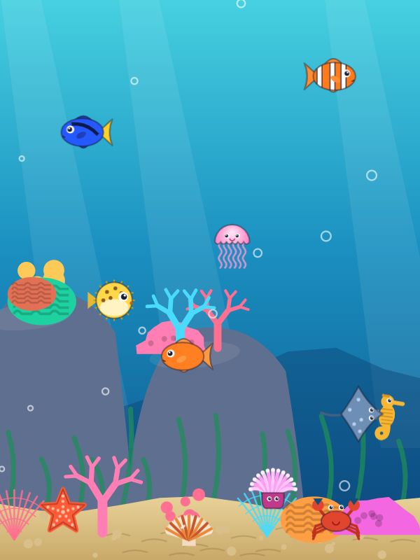 A clownfish, a pink jellyfish, a ray and a seahorse swim above corals, a crab and a starfish