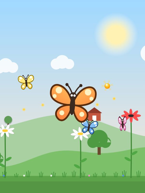 A big orange butterfly flies over a meadow of daisies, between hills, a red farmhouse and the sun